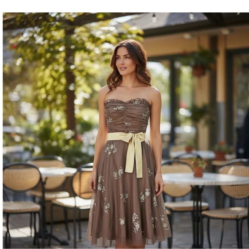 Anthro Brown Strapless Dress with Floral Details